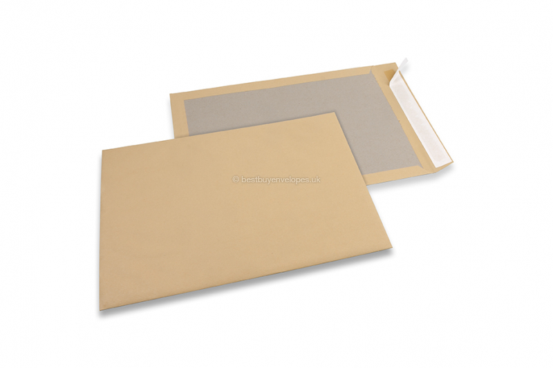 Board-backed envelopes - 320 x 420 mm, 120 gr brown kraft front, 450 gr grey duplex back, strip closure